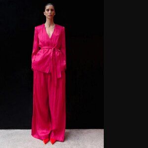 ZARA Women Fuchsia Wrinkled Effect Wide Leg Pants Size XS NWT